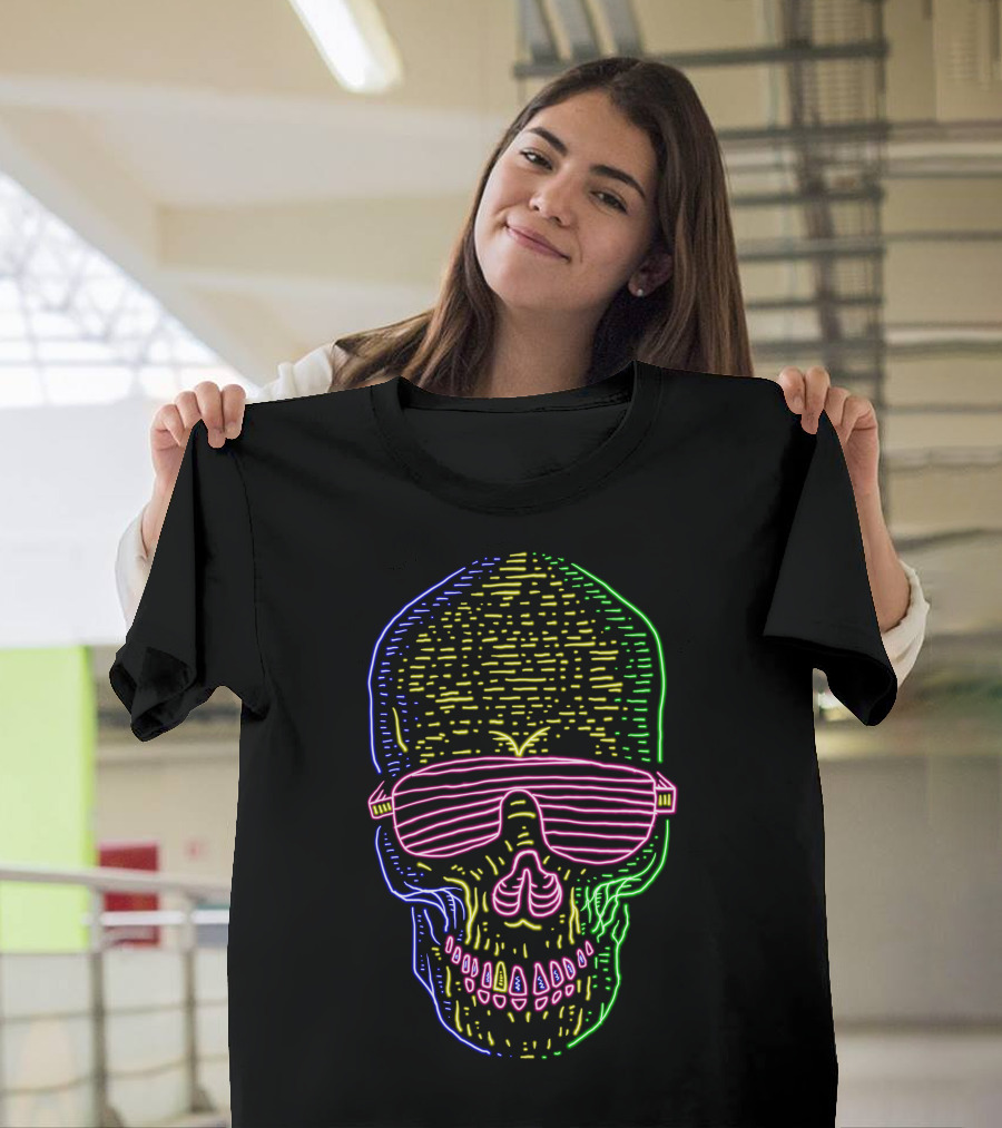 Skull Neon Sunglasses Fluorescent Lines 80s T-Shirt