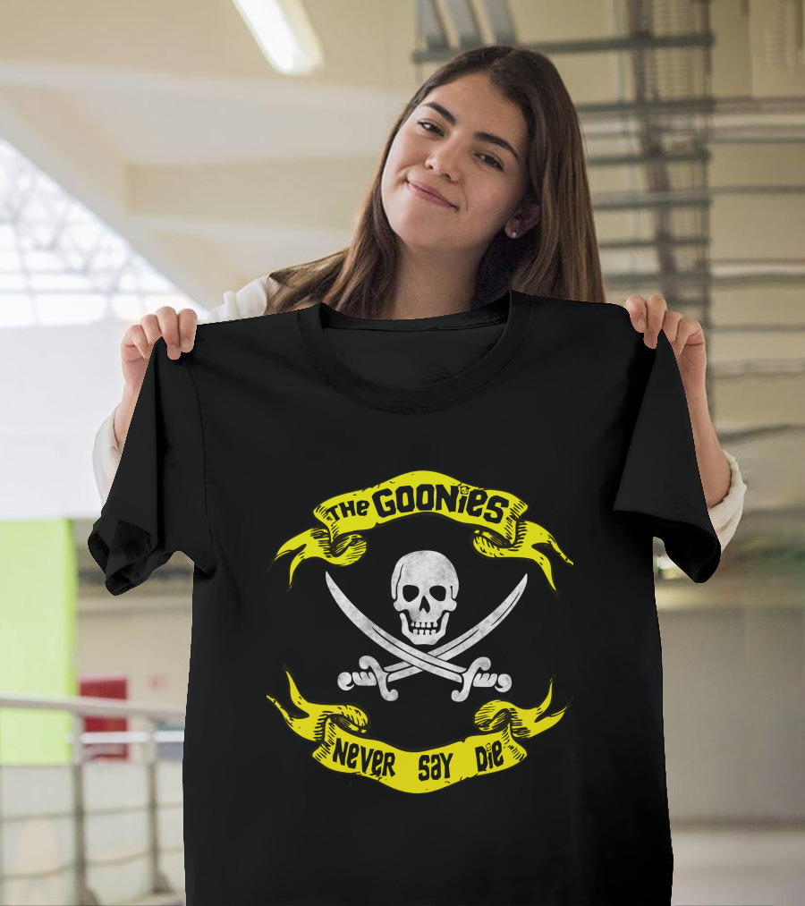 The Goonies Never Say Die Skull and Crossed Swords Iconic Phrase T-Shirt