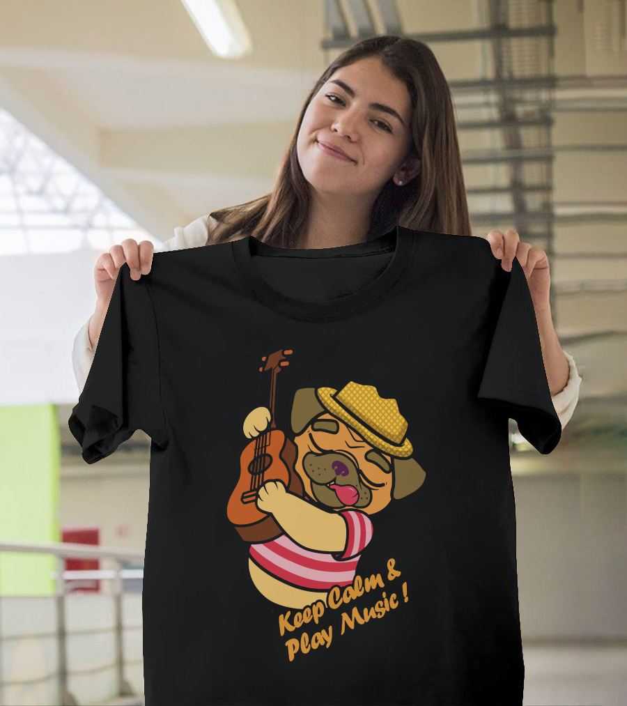 Keep Calm and Play Music Pug with Guitar and Straw Hat T-Shirt