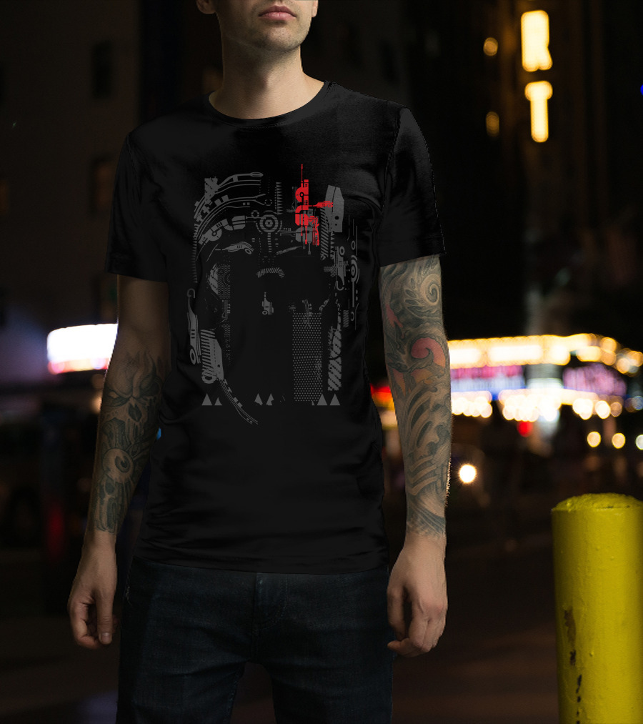 Skullci Cyberpunk Tech Skull With Red Guitar Elements T-Shirt