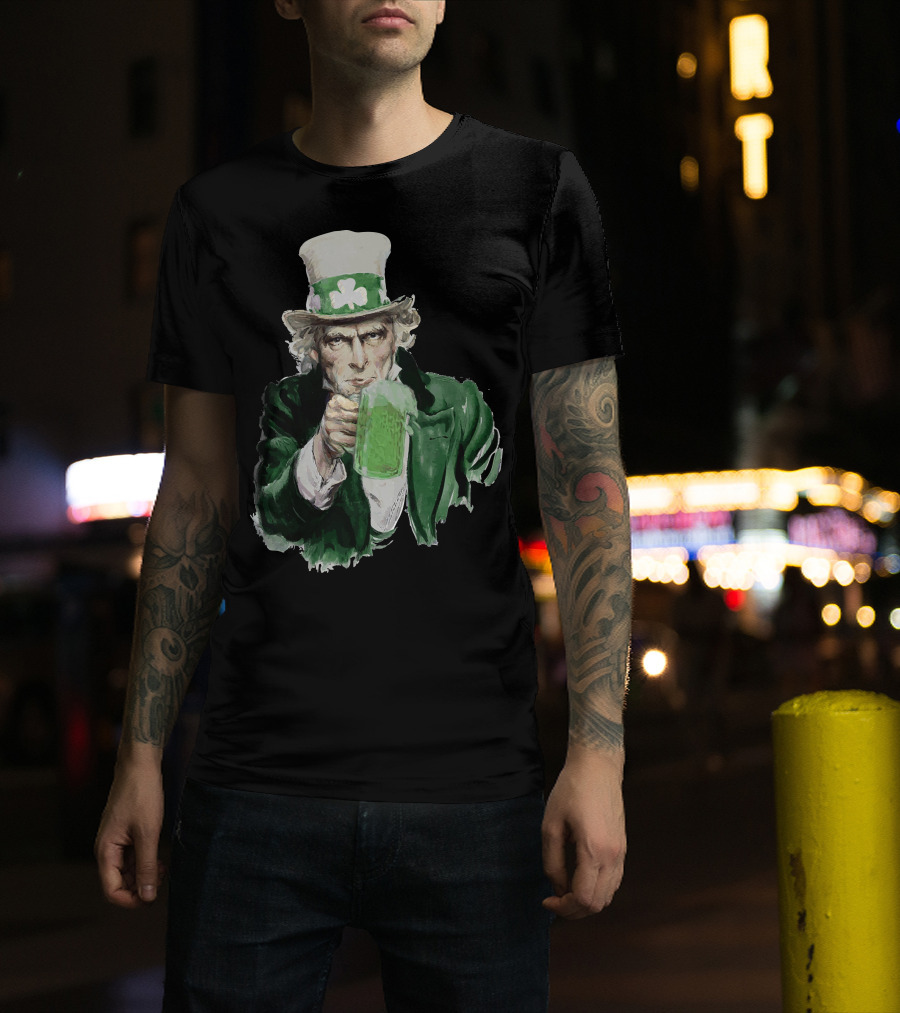 St Patricks Day Uncle Sam With Green Beer And Shamrock Hat T-Shirt