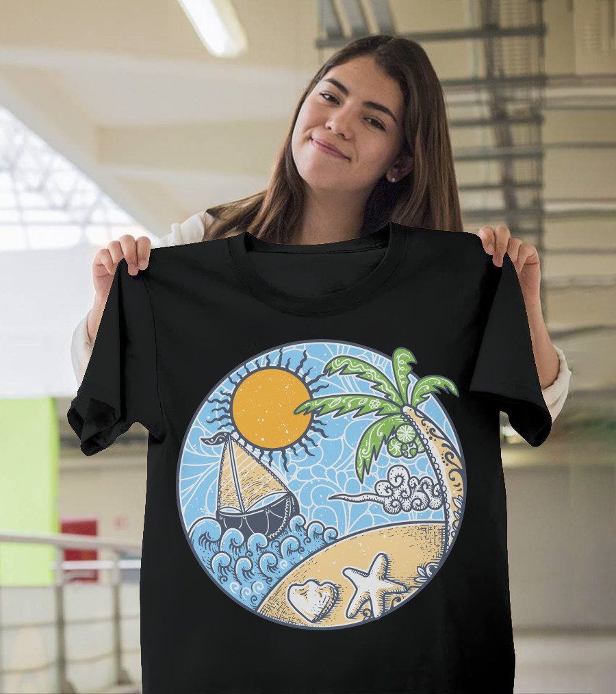 Sailing Under the Sun with Palm Trees and Ocean Waves T-Shirt