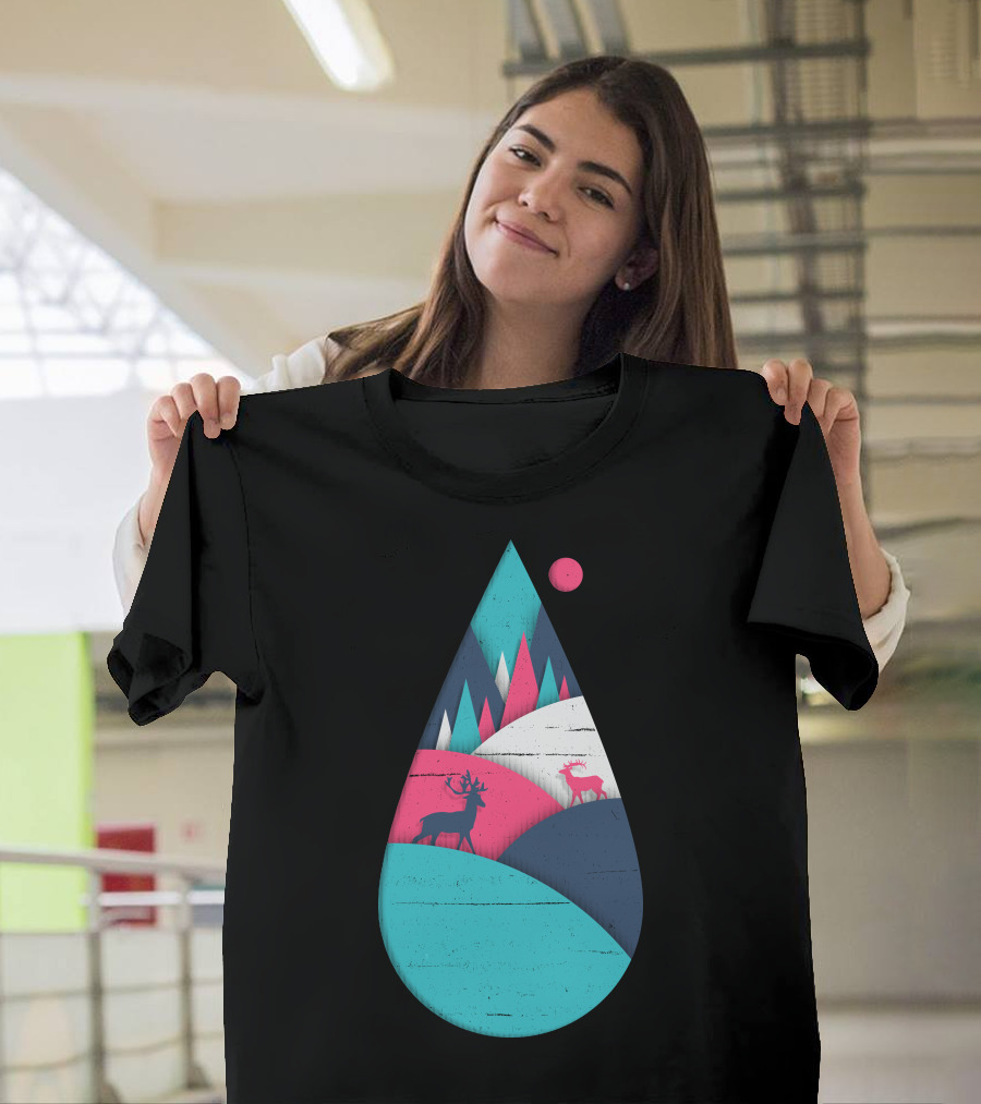 Deer in Vibrant Landscape within Geometric Teardrop T-Shirt