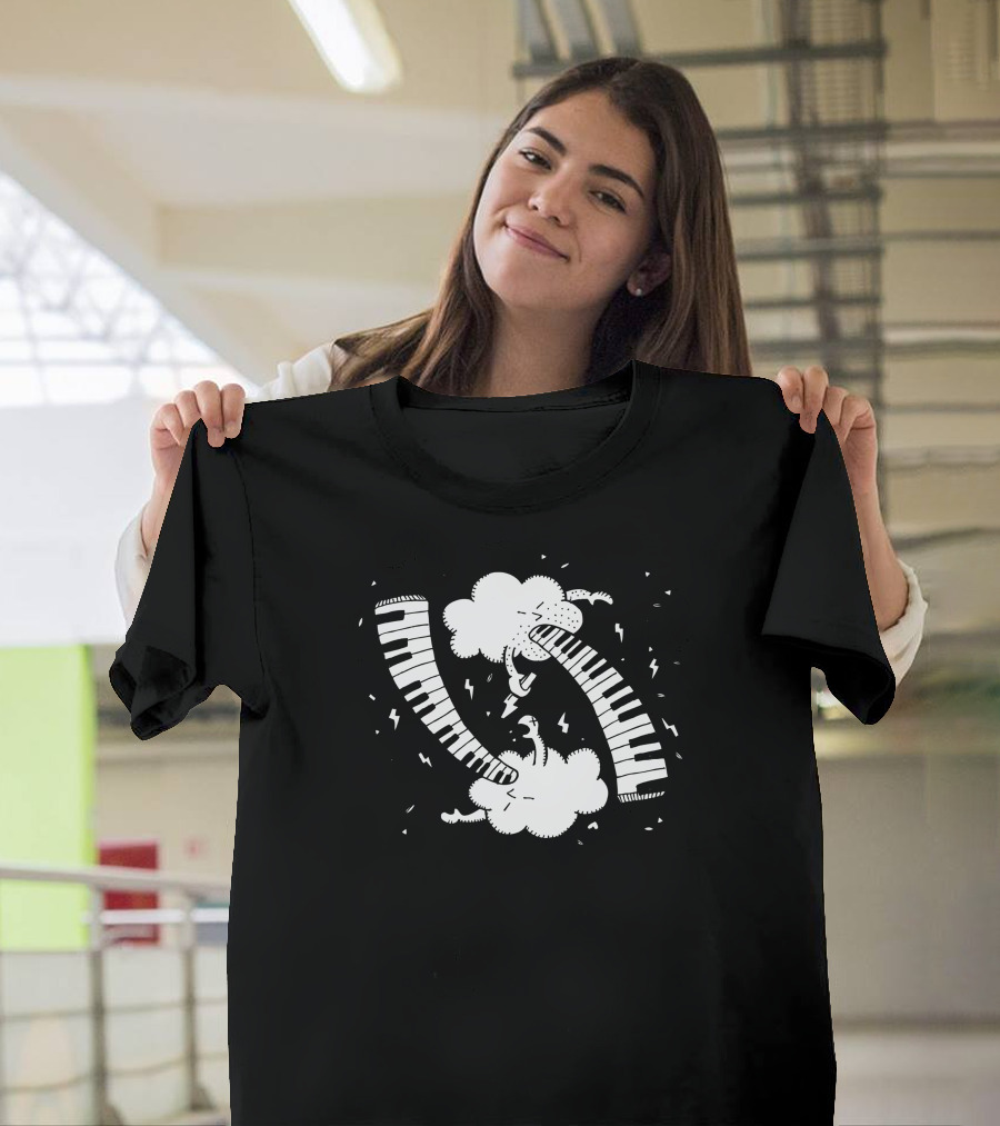 Clouds Spewing Musical Piano Keys with Notes and Sparks T-Shirt