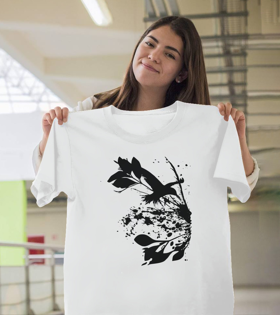 Natures Matter Black Splatter Bird and Leaves T-Shirt