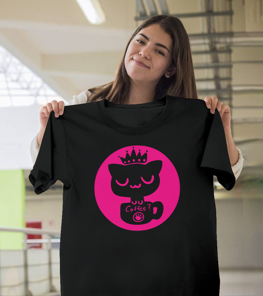 Valentine Coffee Cat with Crown and Paw Cup in Pink Circle T-Shirt
