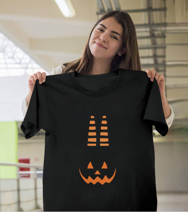 Halloween Witch Cauldron With Striped Stockings And Jack-O'-Lantern Grin T-Shirt
