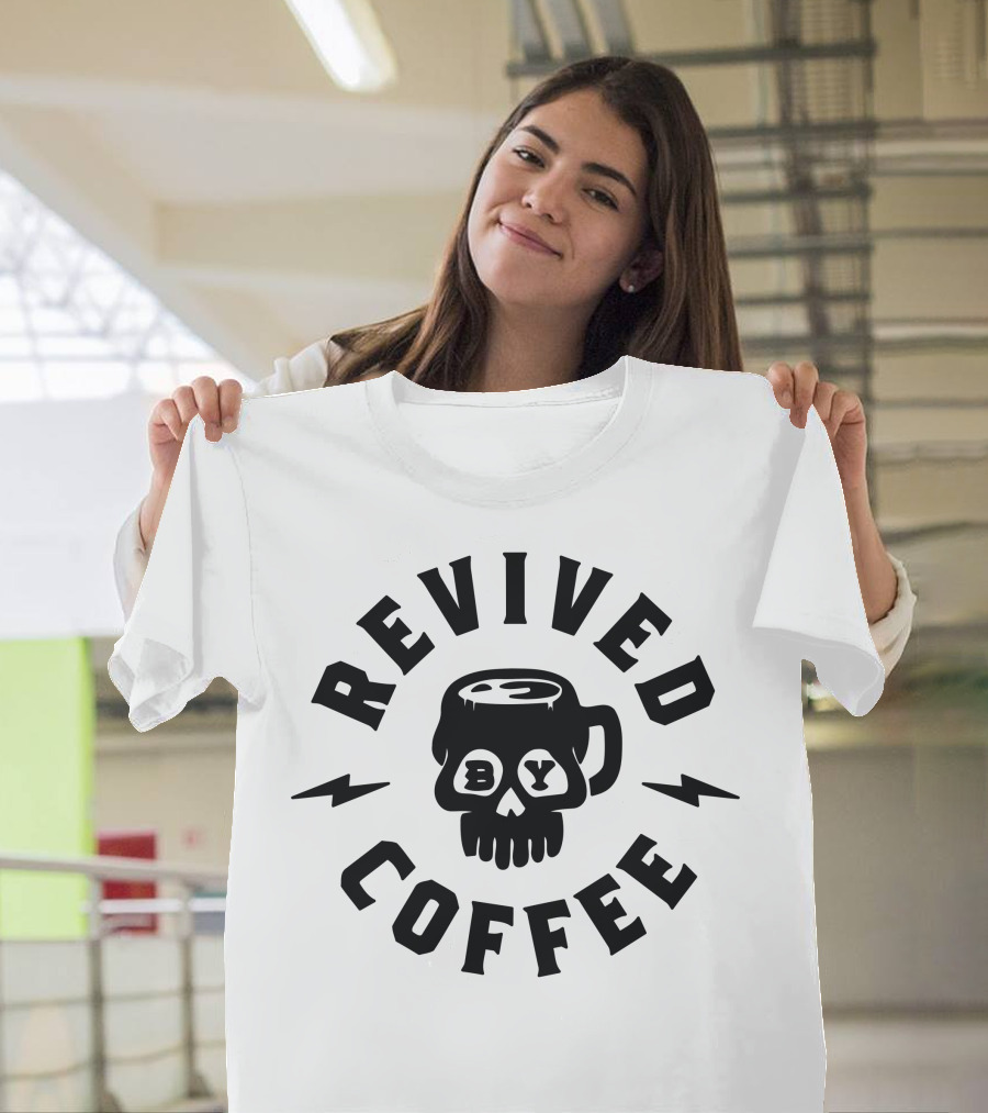 Revived By Coffee Skull Mug with Lightning Bolts T-Shirt