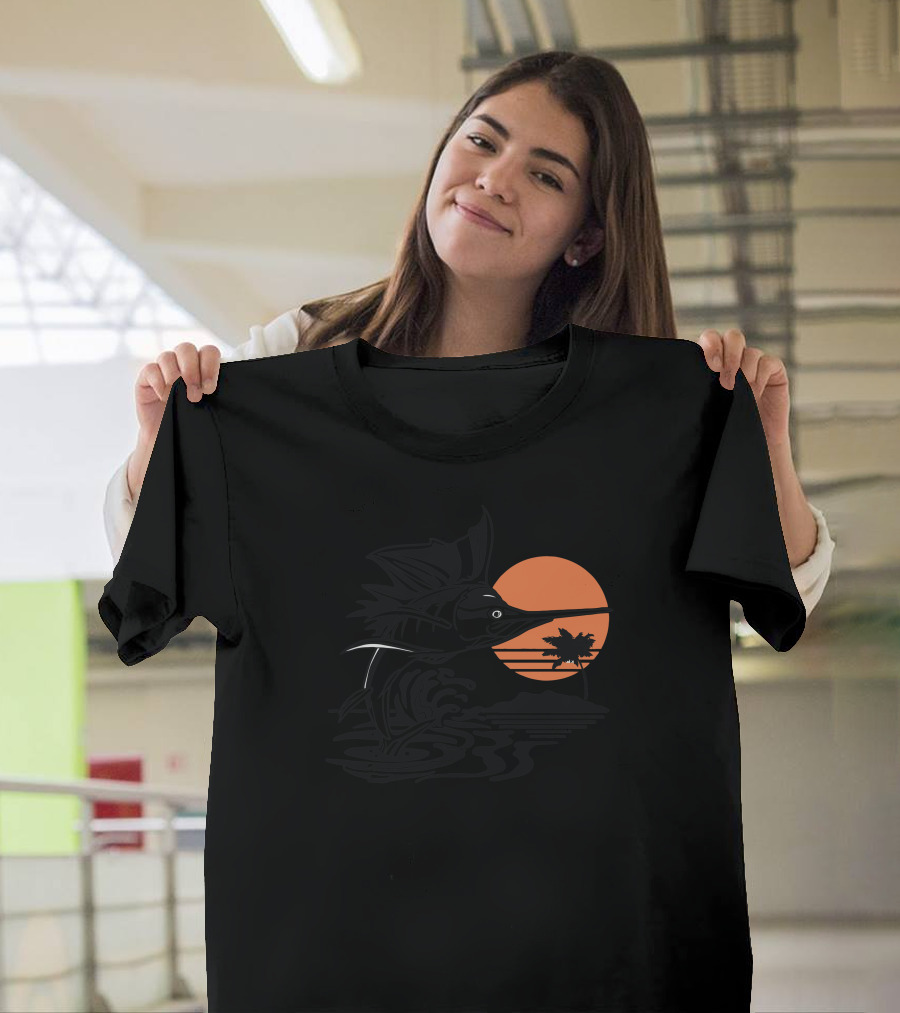 Sailfish Sunset Ocean Adventure with Palm Tree and Sun T-Shirt