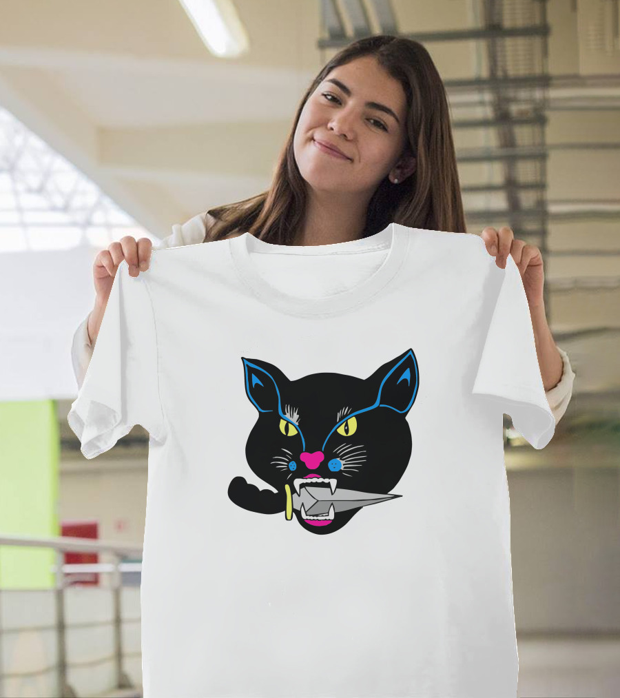 Balck Cat Knife Mouth Vibrant Neon Accent T-Shirt