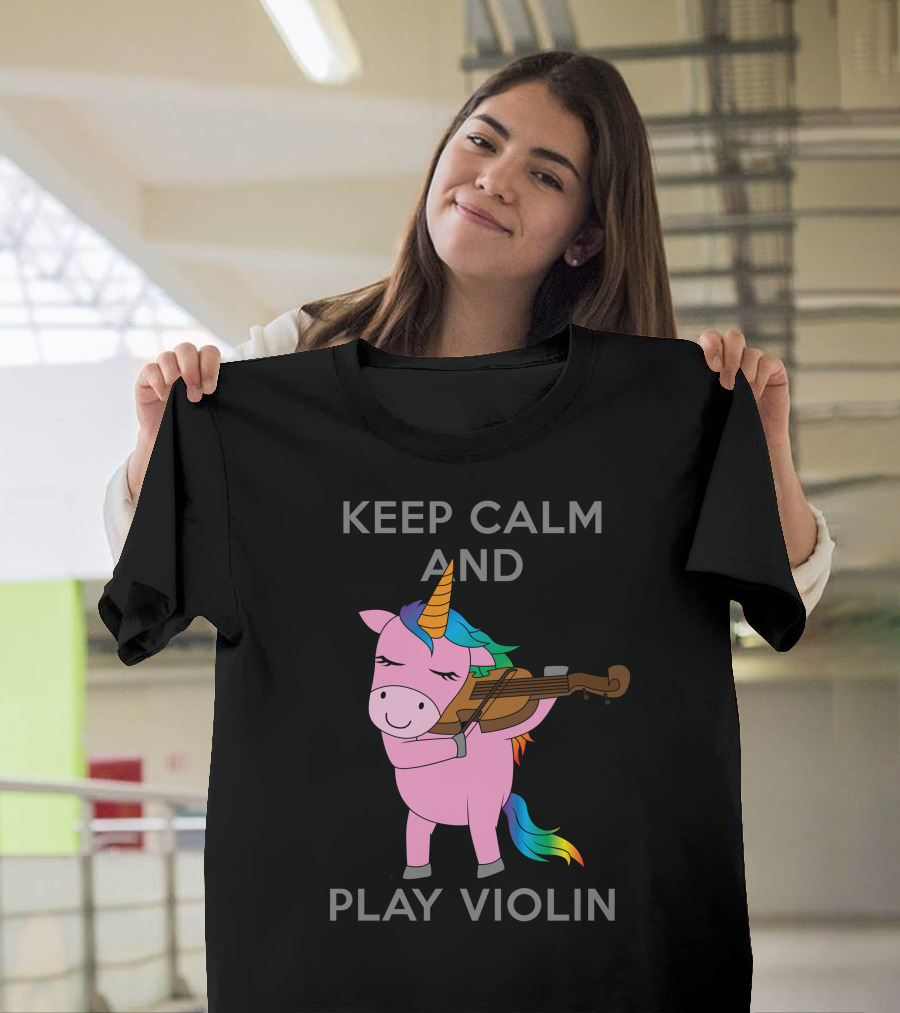 Keep Calm And Play Violin Unicorn Violinist Rainbow Horn Colorful Mane T-Shirt