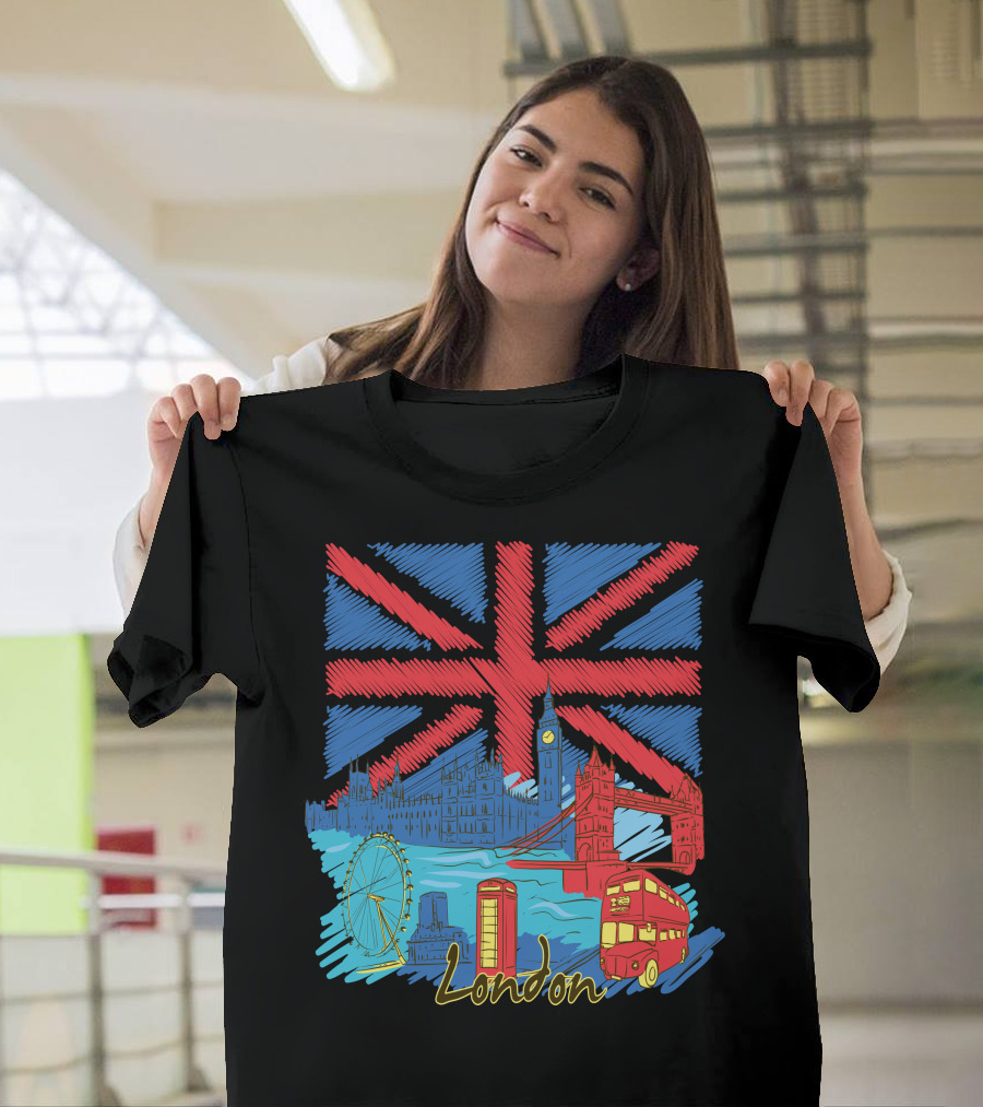 London Union Jack Big Ben Tower Bridge London Eye Iconic Telephone Bus T-Shirt