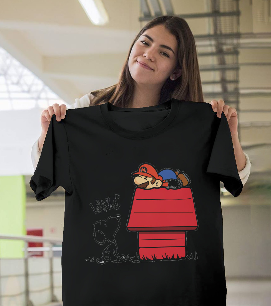 Snoopy and Lazy Mario on Doghouse with Comic Symbols T-Shirt