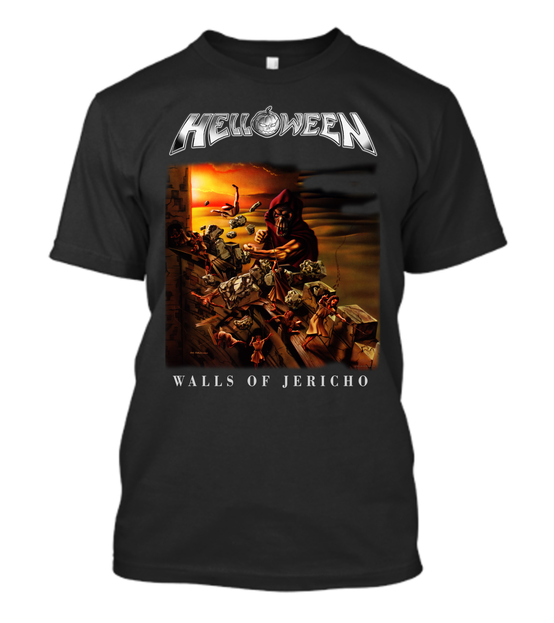 Helloween Walls Of Jericho Album Cover Artwork With Fortress Scene And Sunset Background T-Shirt