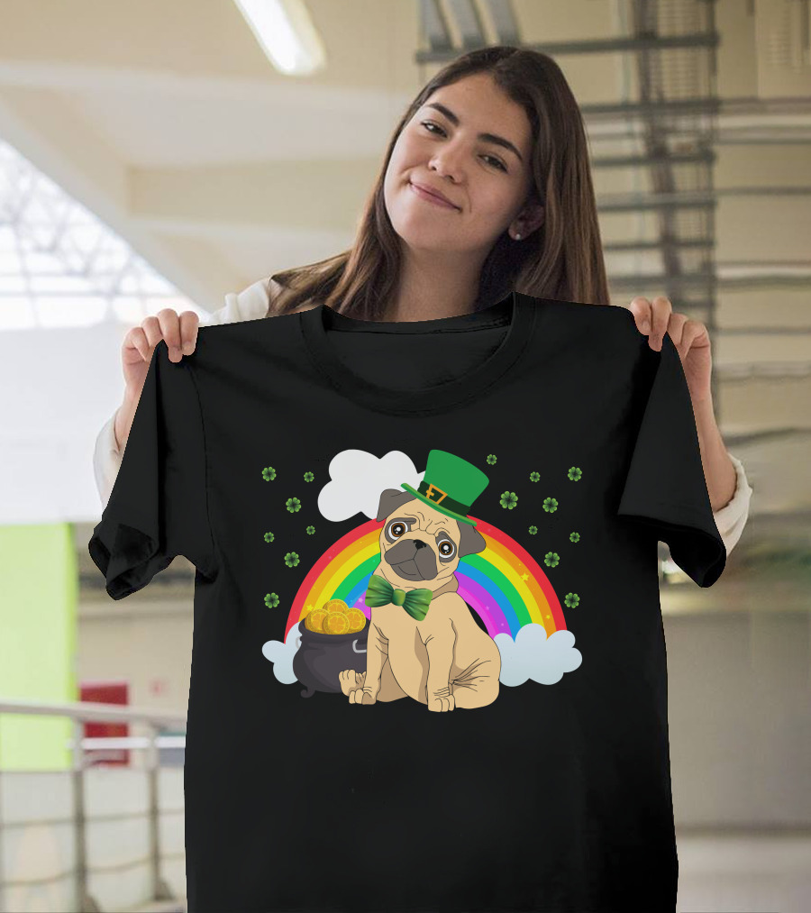 Irish Pug with Leprechaun Hat Rainbow and Pot of Gold T-Shirt