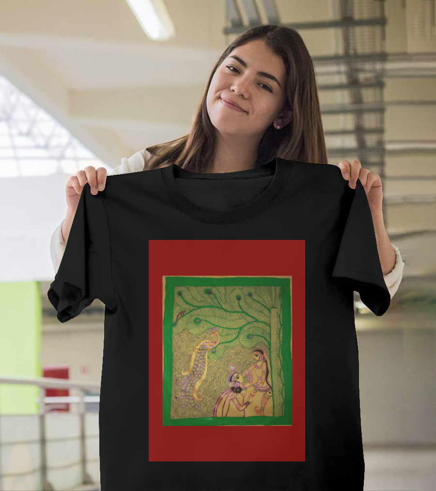 Mithila Art Of India Traditional Folk Style with Nature and Figures T-Shirt