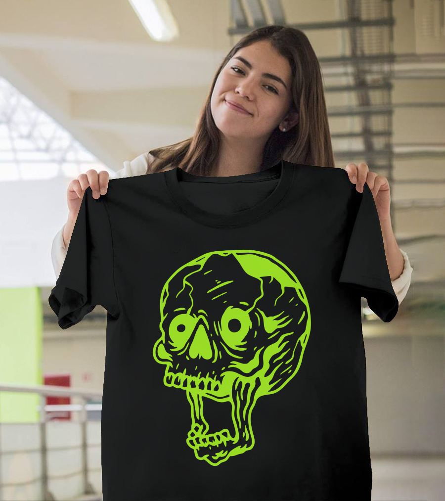 Neon Skull Graphic Art Lime Green Contrast T-Shirt