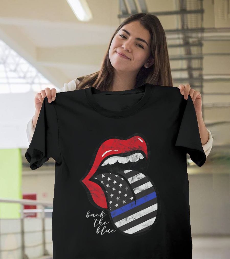 Red Lips Black White American Flag Tongue Back The Blue T-Shirt