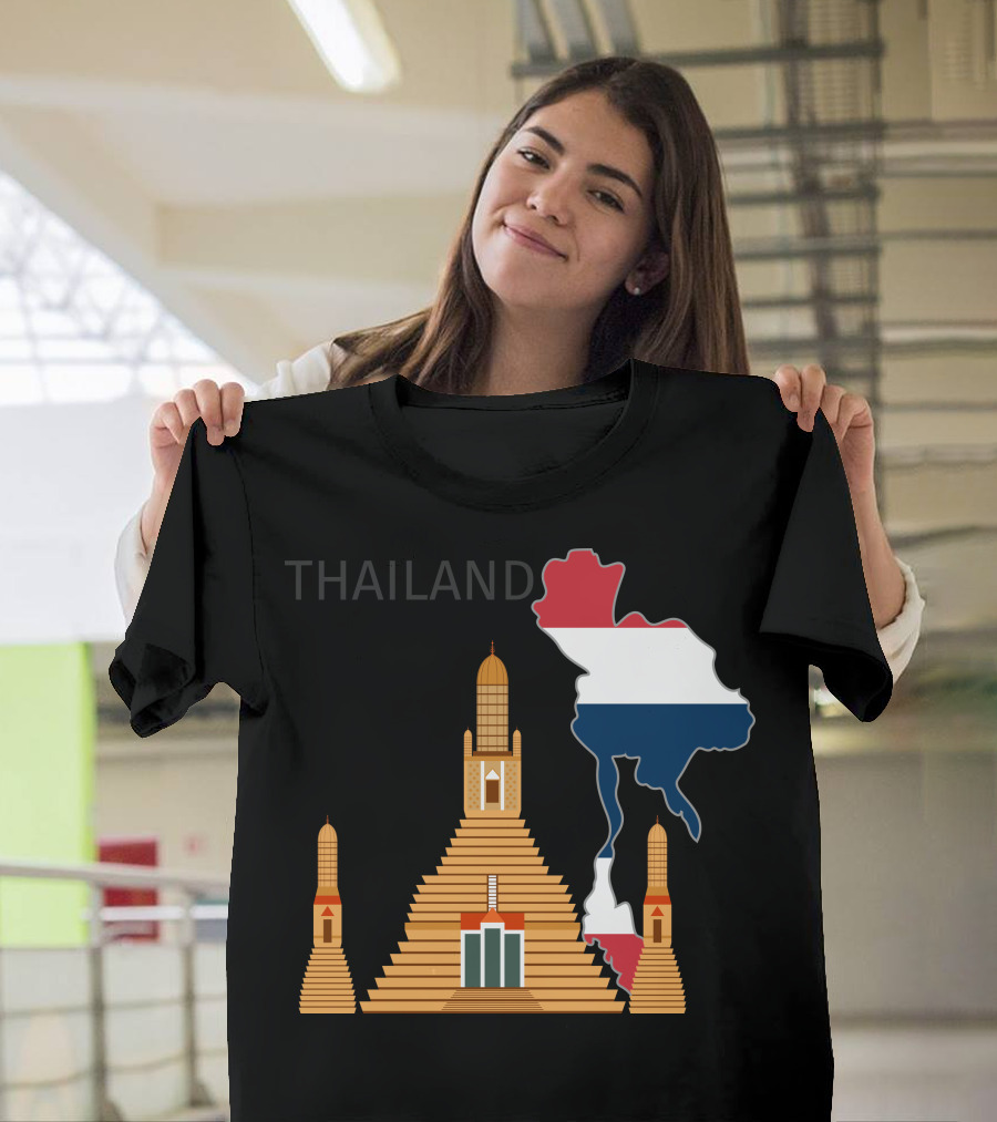 Thailand Map and Wat Arun Pagoda with Flag Colors T-Shirt