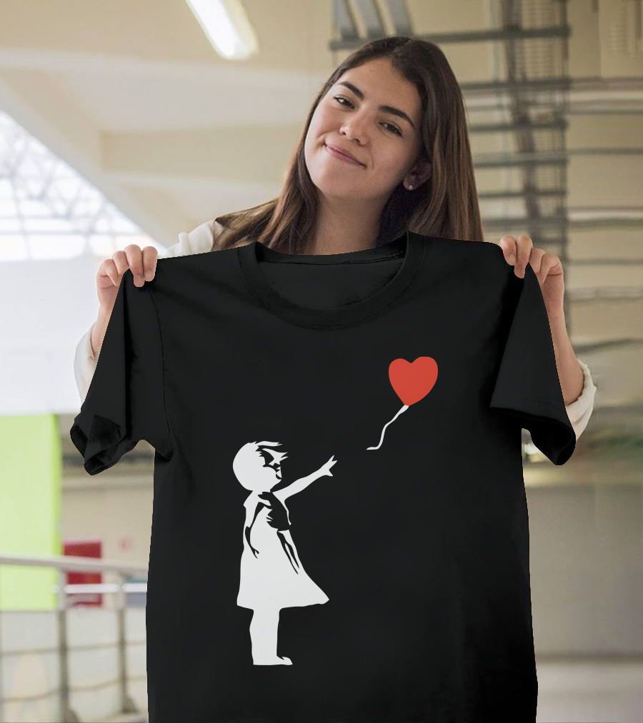 Banksy Style Girl with Red Heart Balloon T-Shirt