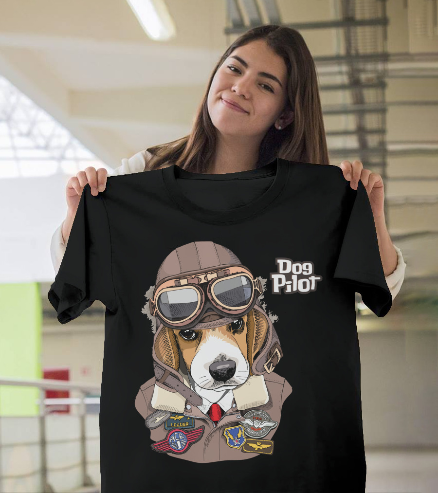 Dog Pilot Ace Leader Aviator Beagle with Goggles and Patches T-Shirt