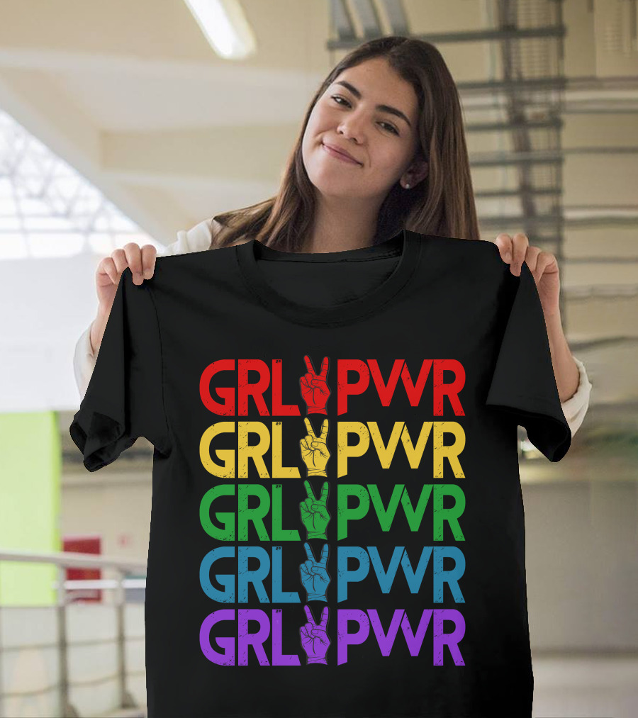 GRL PWR Peace Hand Symbol Rainbow Colors T-Shirt