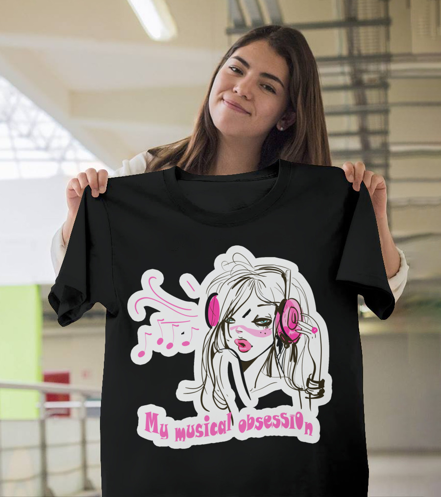 My Musical Obsession Headphone Girl with Music Notes and Pink Highlights T-Shirt