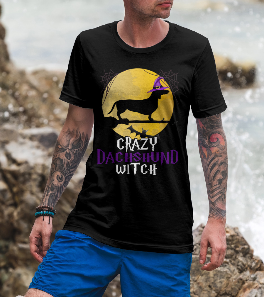 Crazy Dachshund Witch Dog Halloween Moon Silhouette With Broomstick And Purple Hat T-Shirt