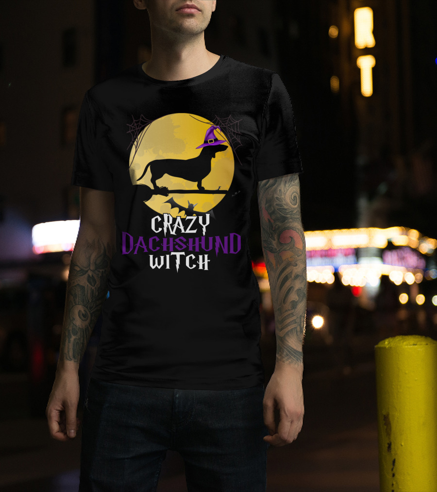 Crazy Dachshund Witch Dog Halloween Moon Silhouette With Broomstick And Purple Hat T-Shirt