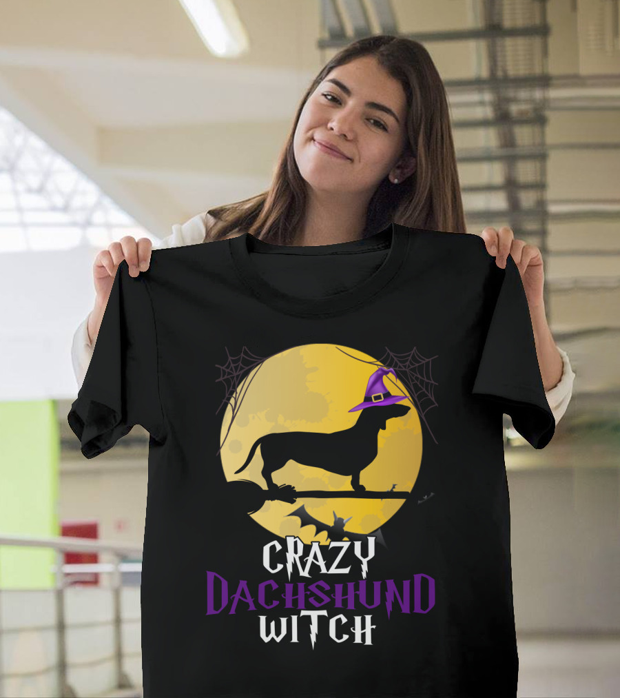 Crazy Dachshund Witch Dog Halloween Moon Silhouette With Broomstick And Purple Hat T-Shirt