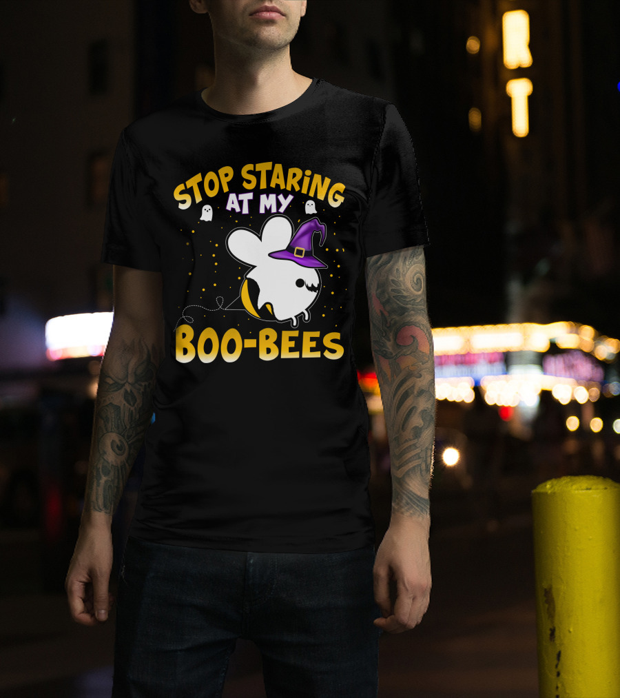 Stop Staring At My Boo Bees Halloween Ghost Bees With Witch Hat And Yellow Dots T-Shirt