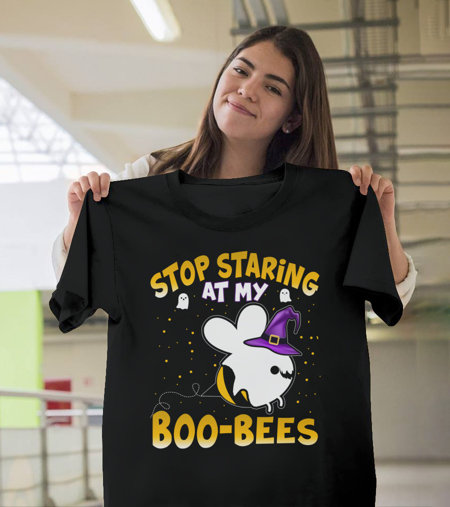 Stop Staring At My Boo Bees Halloween Ghost Bees With Witch Hat And Yellow Dots T-Shirt