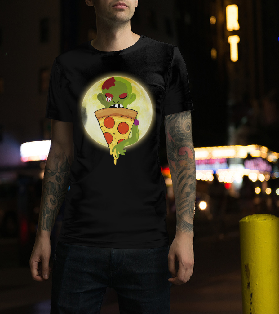 Zombie Eating Pepperoni Pizza Under Full Moon T-Shirt