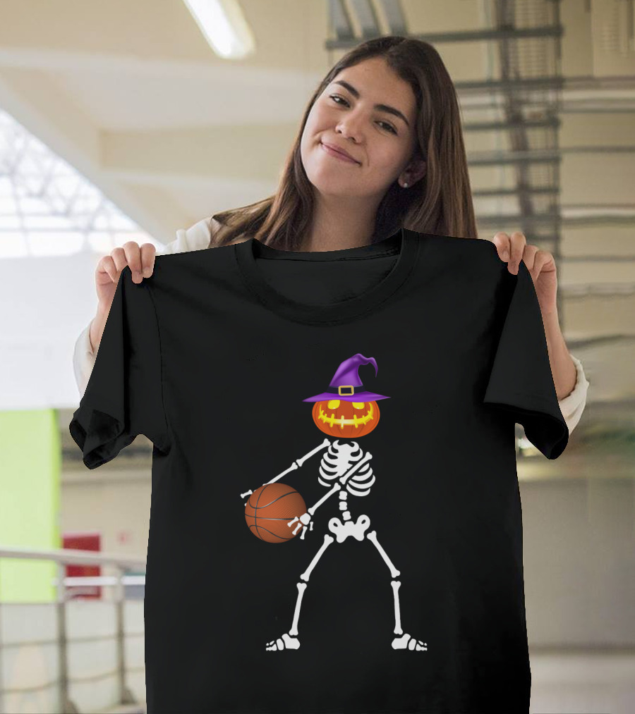 Skeleton Pumpkin Witch Basketball Flossing Dance Halloween Costume T-Shirt