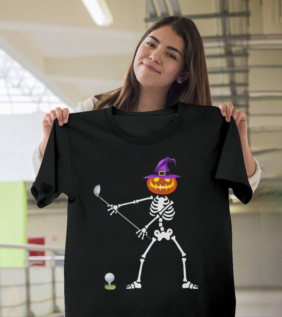 Golf Skeleton With Witch Pumpkin Head Halloween Lazy T-Shirt