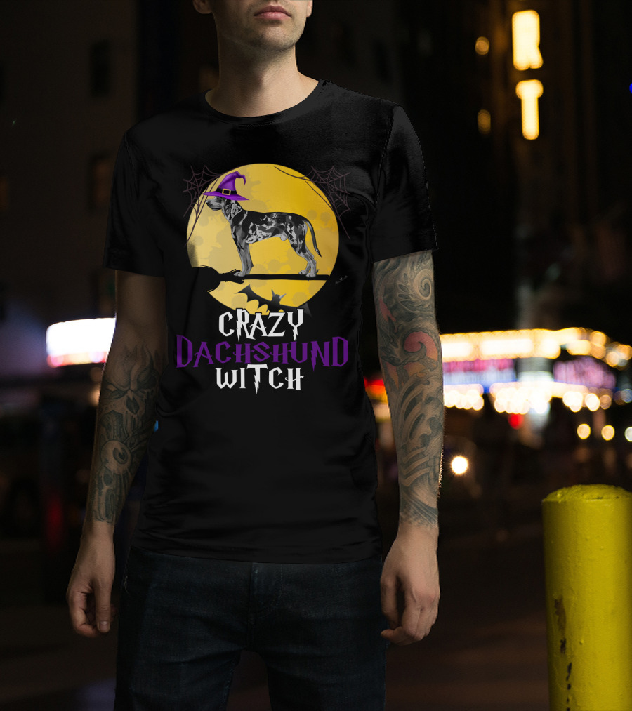 Crazy Dachshund Witch Dog With Purple Hat And Broom Halloween T-Shirt