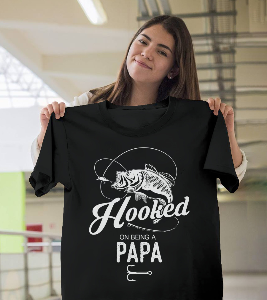 Hooked On Being A Papa Fishing Theme with Fish and Hook Elements T-Shirt