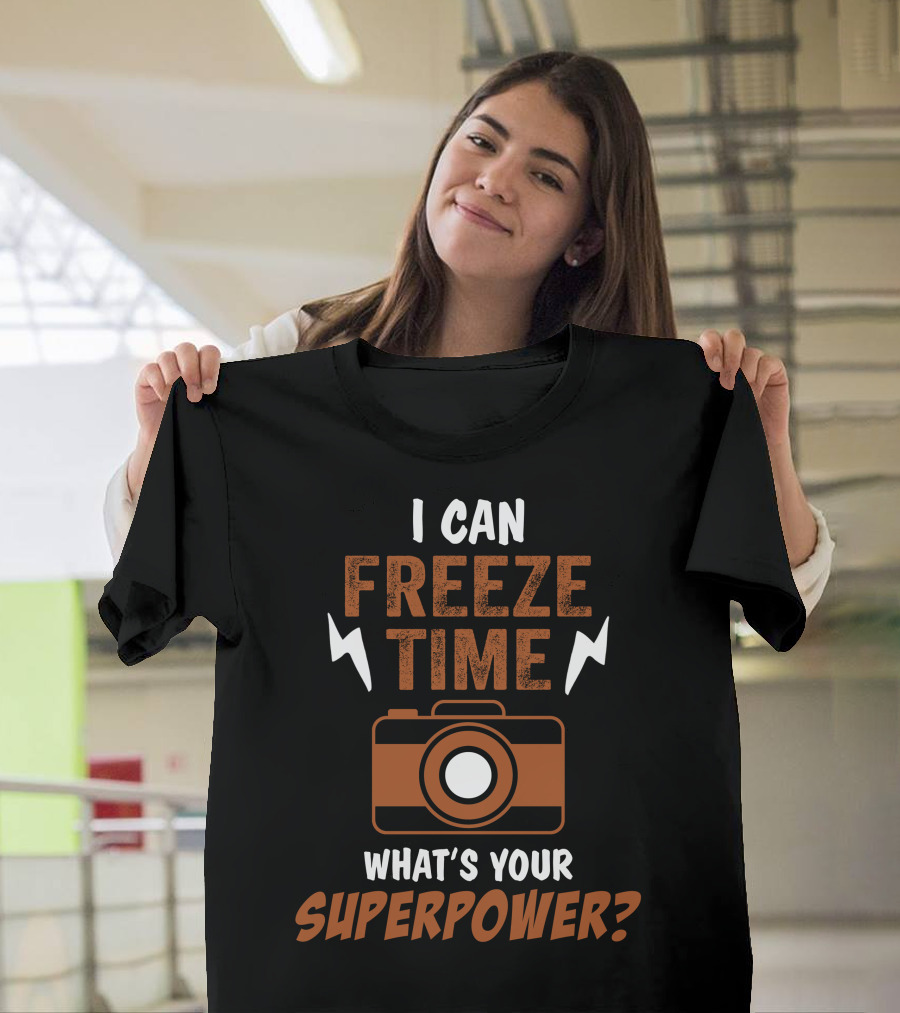 I Can Freeze Time What's Your Superpower Camera Icon with Lightning Bolts T-Shirt