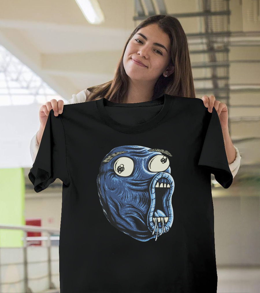Blue Troll Face Meme Expression with Skull Eyes T-Shirt