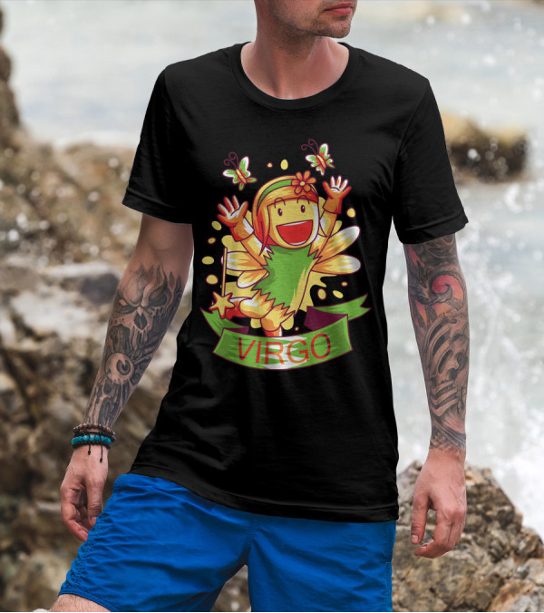Vibrant Virgo Fairy With Butterflies And Green T-Shirt