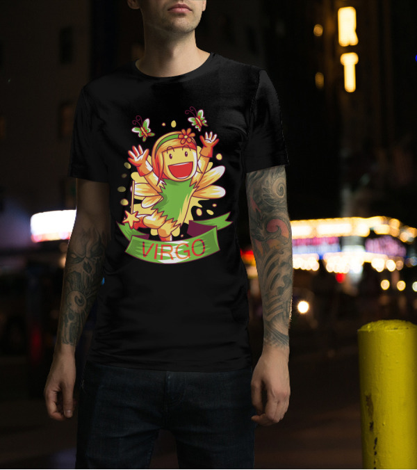 Vibrant Virgo Fairy With Butterflies And Green T-Shirt