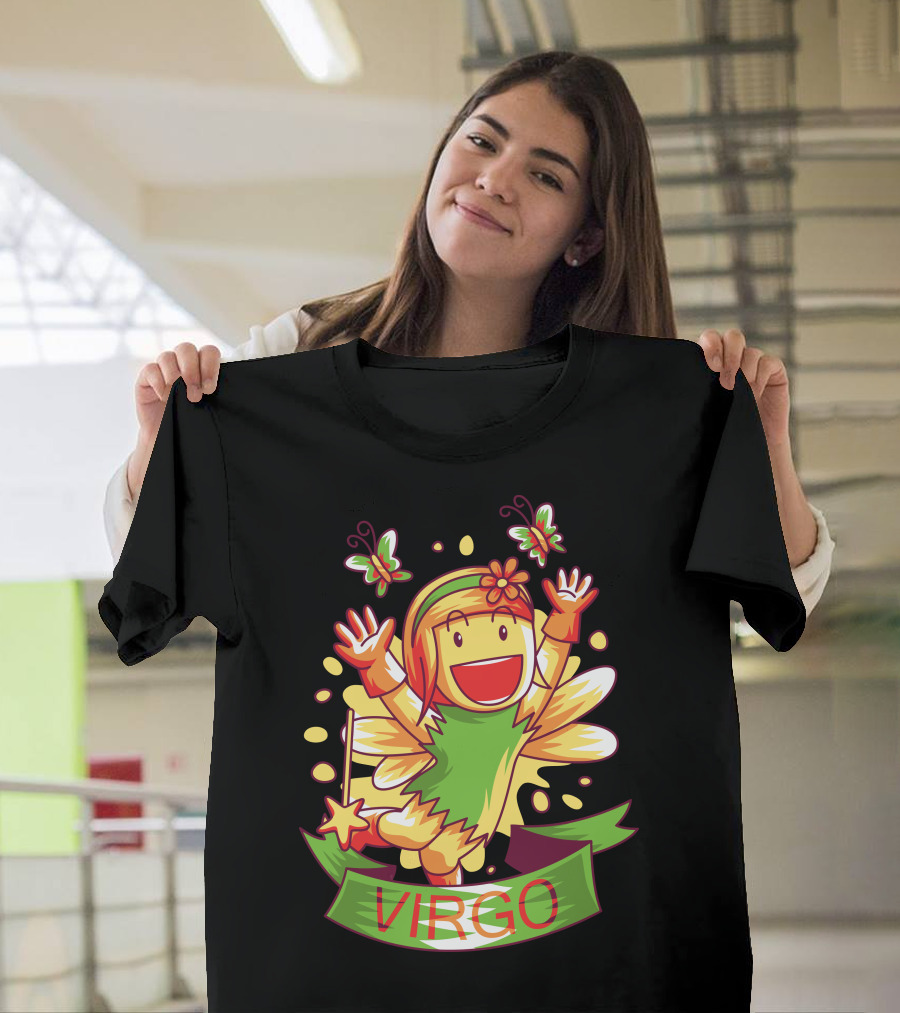Vibrant Virgo Fairy with Butterflies and Green T-Shirt