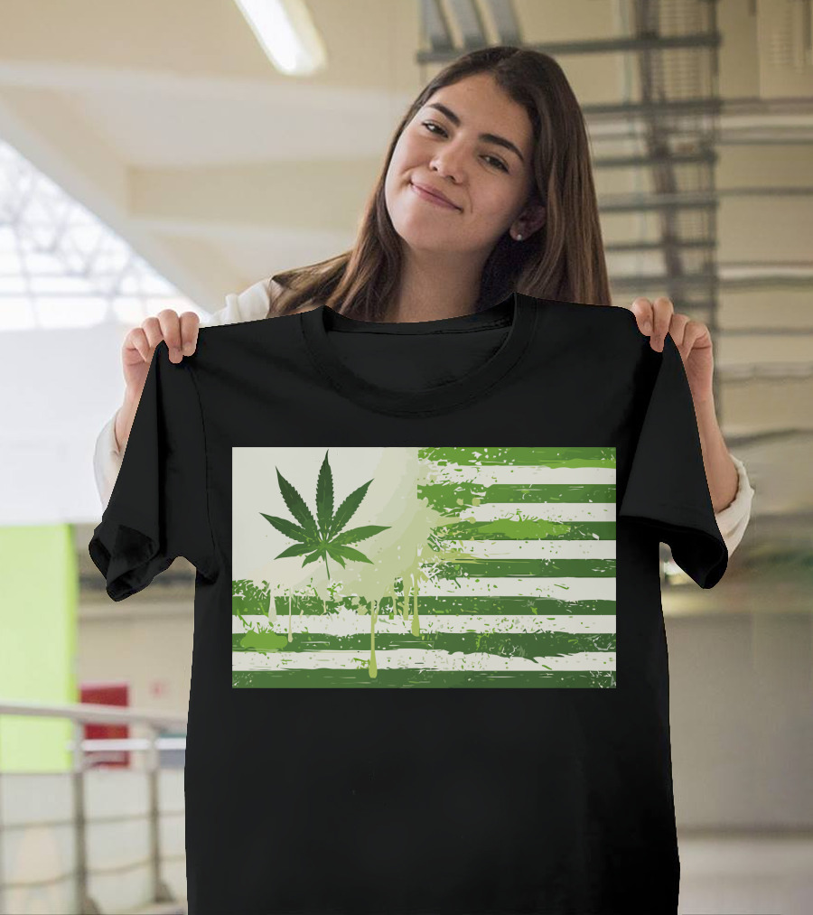 Weed Nation Cannabis Leaf American Flag Stripes T-Shirt