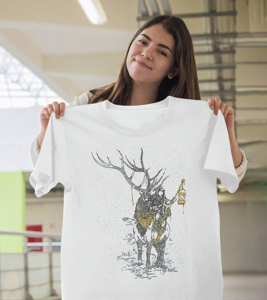 Khione Deer with Lantern in Snowfall T-Shirt