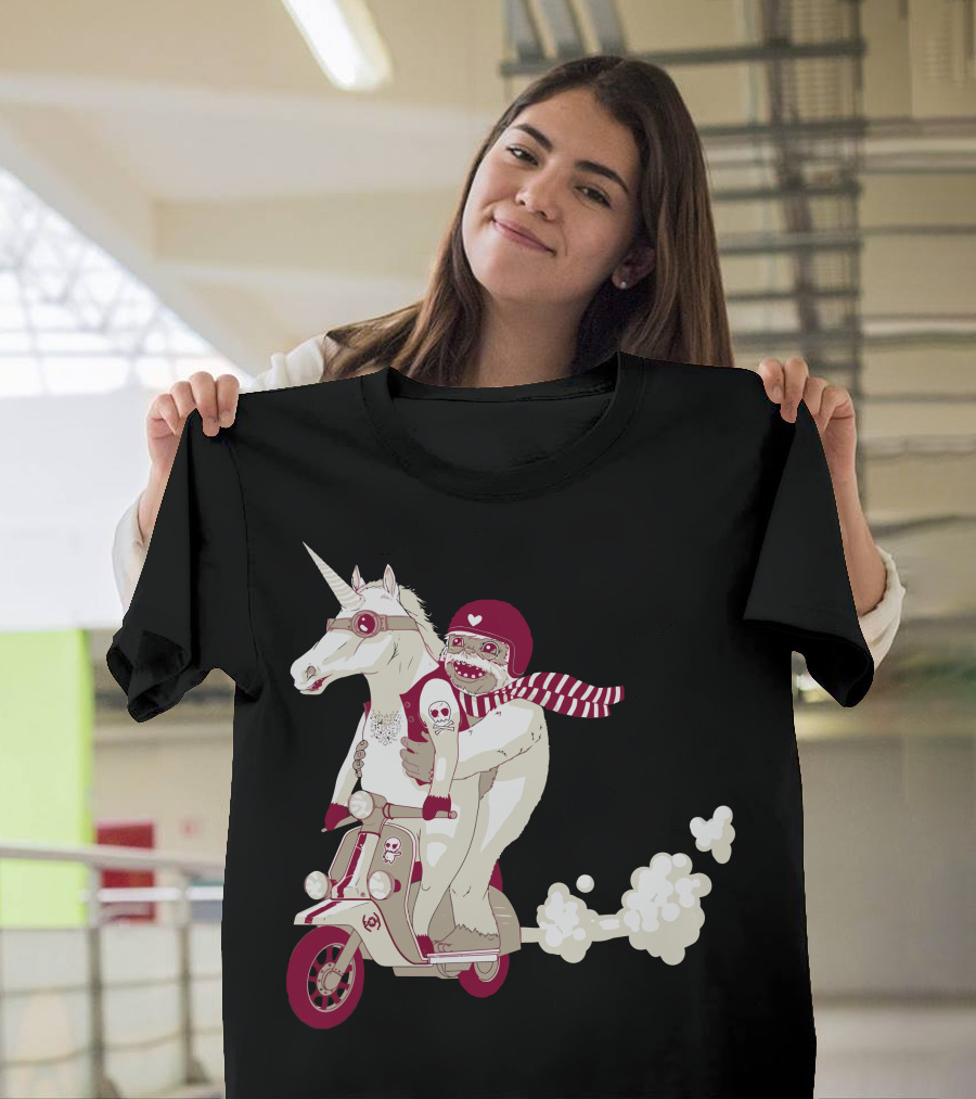 Magical Journey: Unicorn and Yeti Adventure on Scooter with Helmet and Scarf T-Shirt