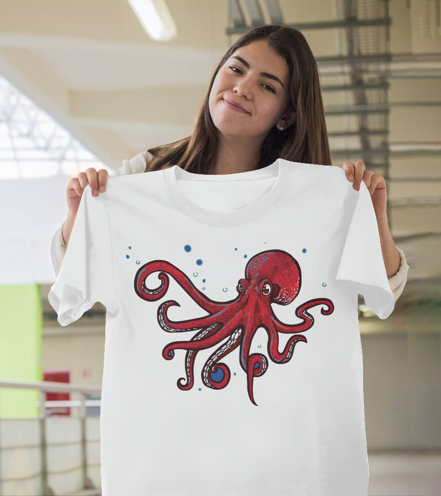 Octospelled Octopus Enchantment with Colorful Red Tentacle Swirls T-Shirt