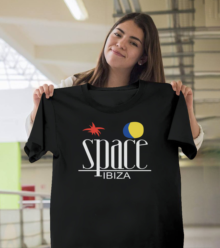 Space Ibiza Classic Logo with Red Palm Tree and Yellow-Blue Circle T-Shirt