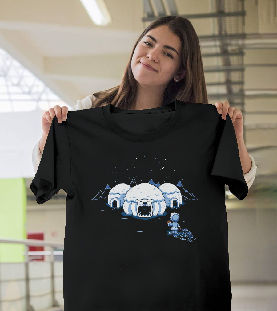 The Hungry Igloo with Polar Bear Entrance and Snowy Mountains Scene T-Shirt