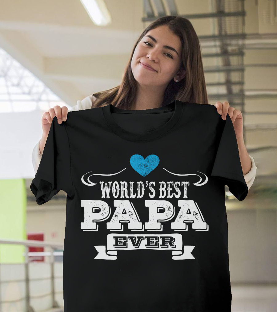 Worlds Best Papa Ever Blue Heart T-Shirt