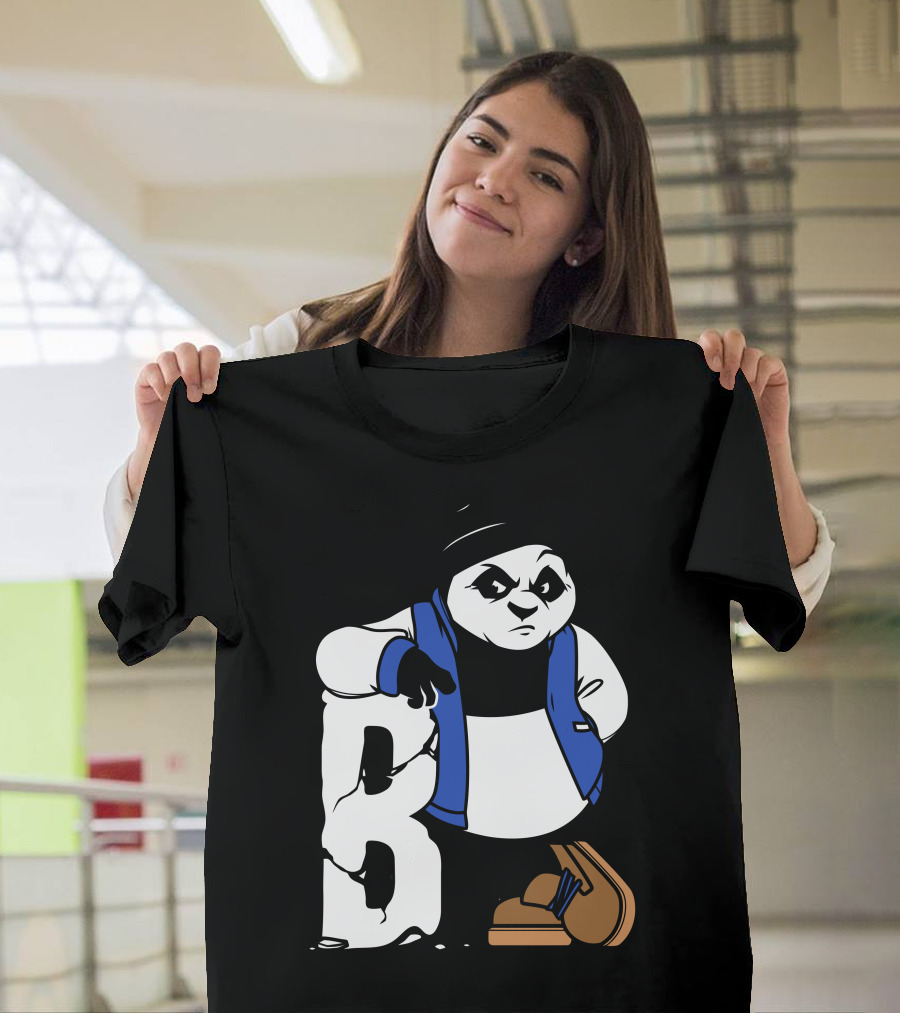 B Bear Panda with Beanie and Blue Vest Leaning on B T-Shirt